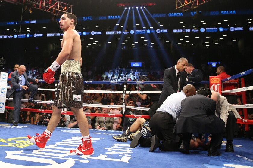 Danny Garcia celebrates his knockout win over Rod Salka during their fight at the Barclays Center on Aug. 9, 2014.
