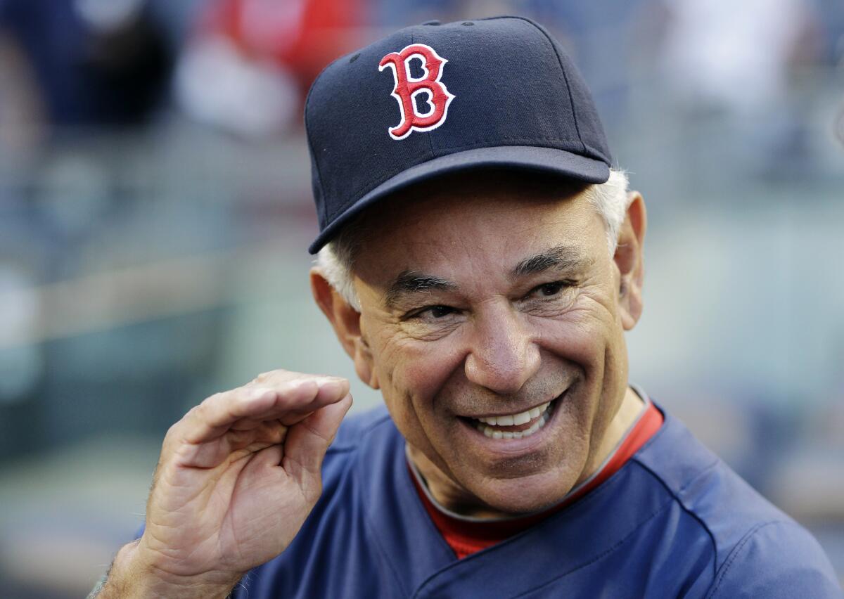 FILE — In this Oct. 1, 2012 file photo, then Boston Red Sox manager Bobby Valentine gestures as he talks to reporters on the field before their baseball game against the New York Yankees at Yankee Stadium, in New York. Valentine, 70, is entering politics, announcing Friday, May 7, 2021 that he is running for mayor of Stamford, Conn. (AP Photo/Kathy Willens, File)