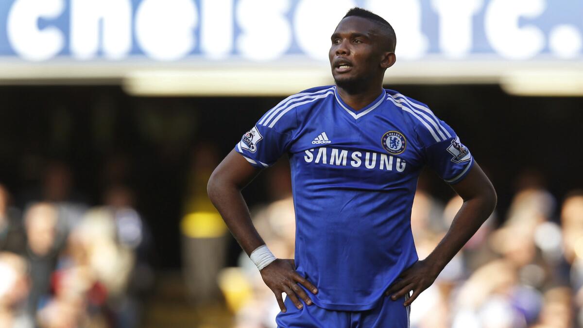 Chelsea's Samuel Eto'o reacts to a referee's call during an English Premier League loss to Sunderland in April. Eto'o, who will play for Cameroon in next month's World Cup, is considered one of the greatest players to have hailed from an African nation.