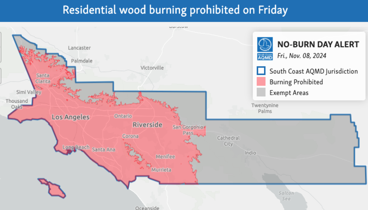 A map shows where in Southern California wood burning is prohibited on Friday.