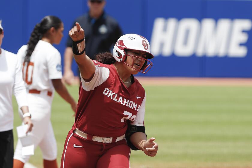 FILE - Oklahoma's Jocelyn Alo (78) celebrates on the way to home plate after hitting a home run against Texas in NCAA Women's College World Series softball game June 4, 2022, in Oklahoma City. Former Oklahoma star Alo has signed with Athletes Unlimited for its AUX season in Wichita, Kan. (AP Photo/Alonzo Adams, File)