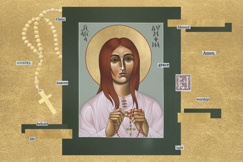 Holy Martyr Saint Dymphna of Ireland painting and collage with rosary, words from bible, all on a gold leaf background