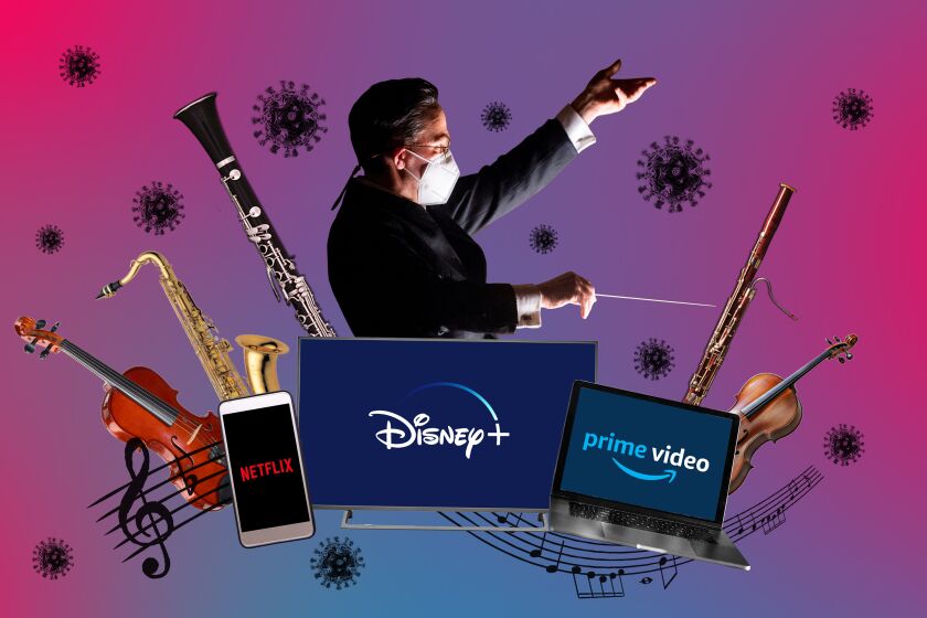 A photoillustration collages the images of an orchestra conductor, musical instruments and streaming service logos.