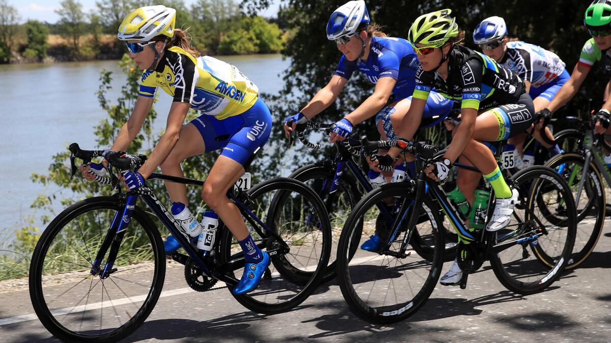 Katie Hall leads a pack of riders during Stage 3 of the Women's Tour of California on Saturday.