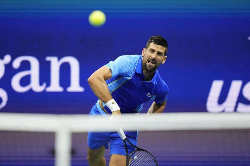 Novak Djokovic, of Serbia, serves to Alexandre Muller, of France, during the first round of the U.S. Open tennis championships, Tuesday, Aug. 29, 2023, in New York. (AP Photo/Frank Franklin II)
