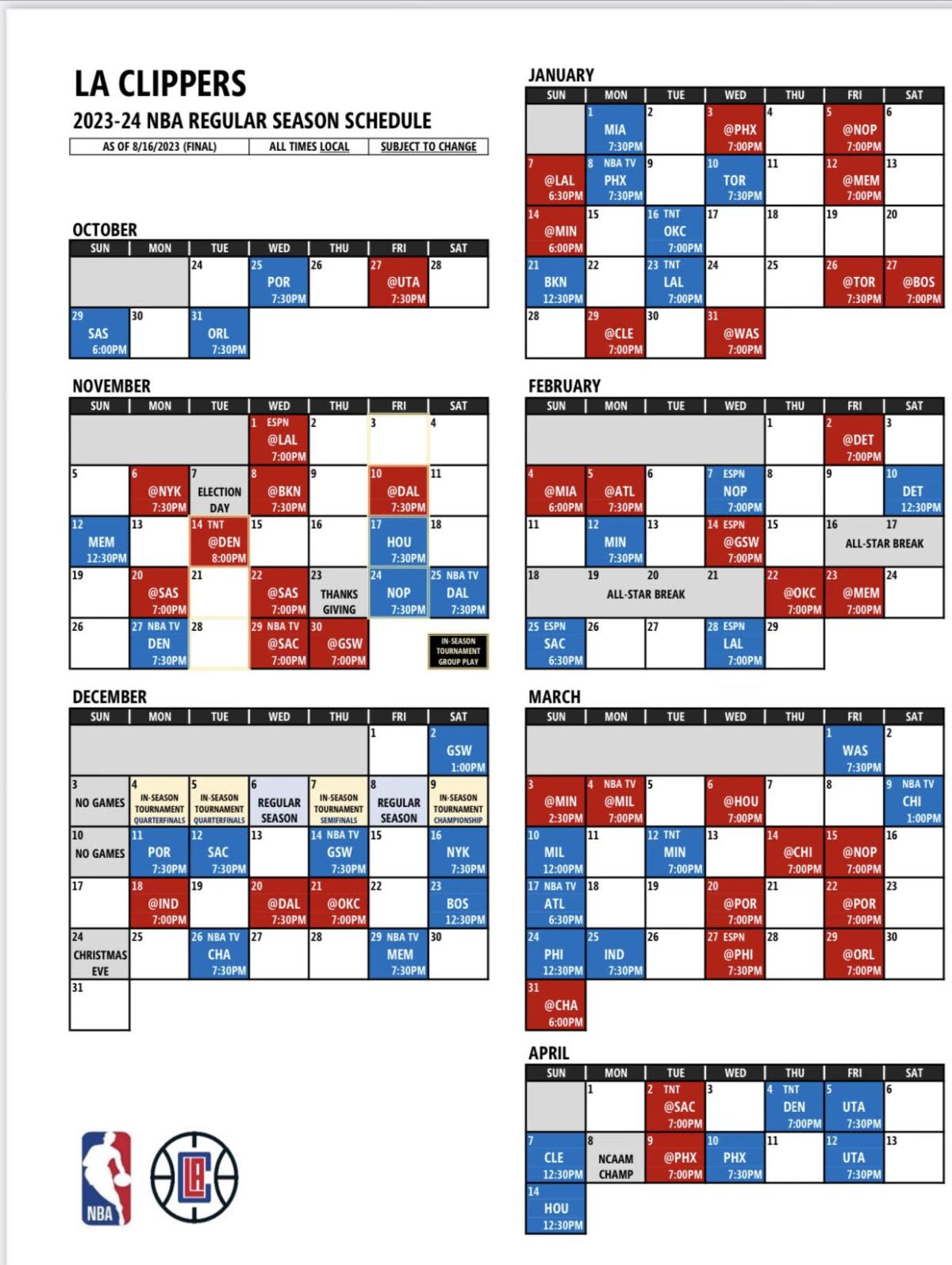 Détail du calendrier 20232024 des Clippers le bon et le mauvais