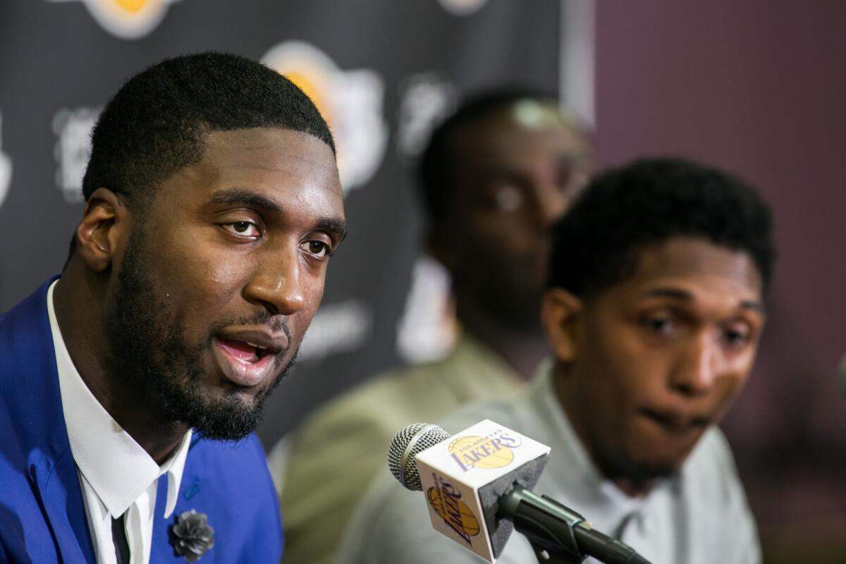 Roy Hibbert is introduced at the Lakers' training facility in El Segundo, Calif. on July 22.