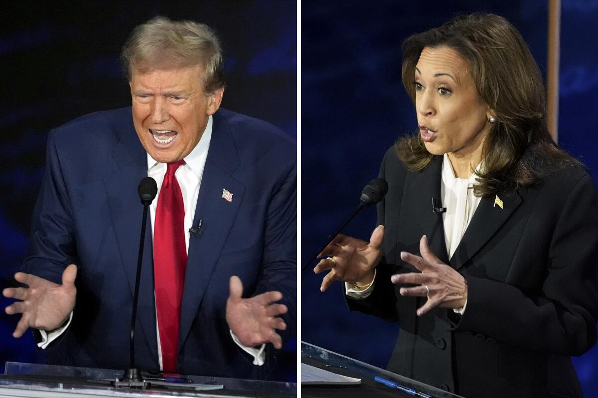 Side-by-side photos of Donald Trump and Kamala Harris gesturing as they speak