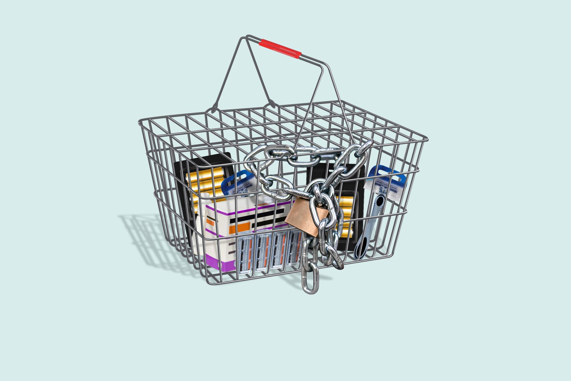 Photo illustration of a shopping basket bound with a chain and lock.