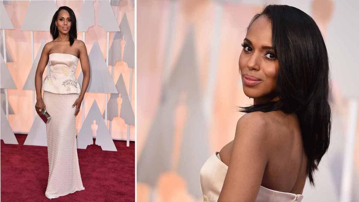 Kerry Washington in Miu Miu. Washington is a master of evening separates. This bustier and chiffon skirt, embroidered with glass beads and pearls, epitomizes the evening's hyper-embellished trend.