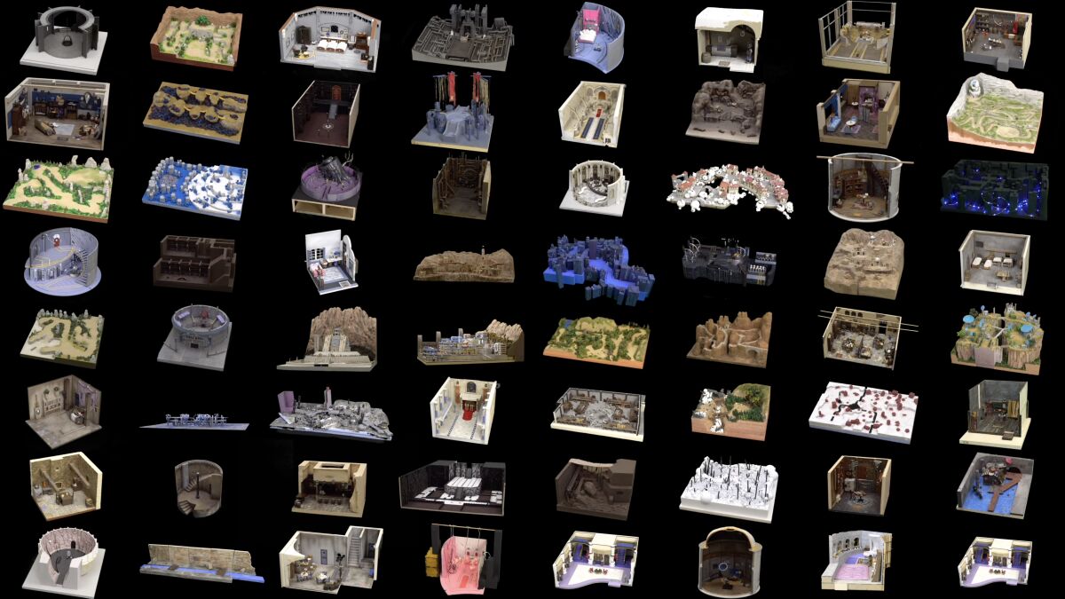 A collage of tiny dioramas against a black background.