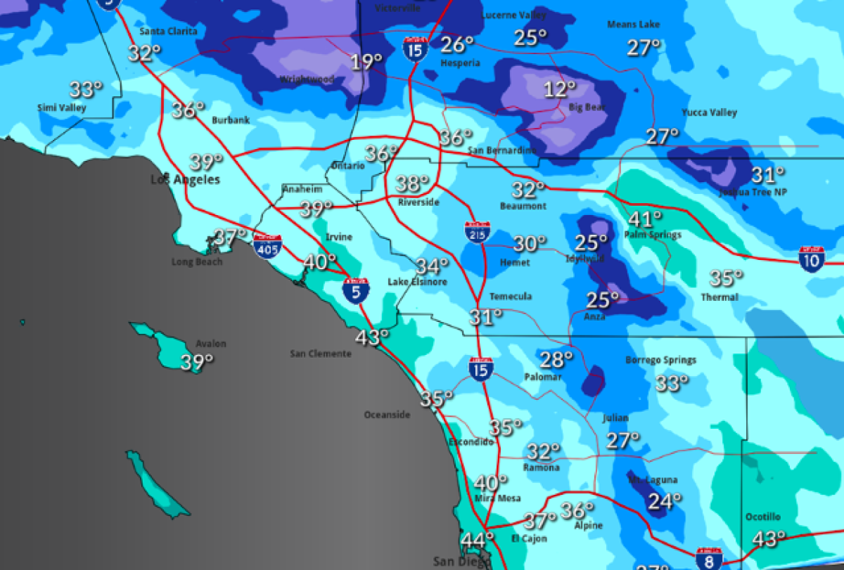 Temperatures fell into the 30s before dawn Wednesday in San Diego's coastal areas
