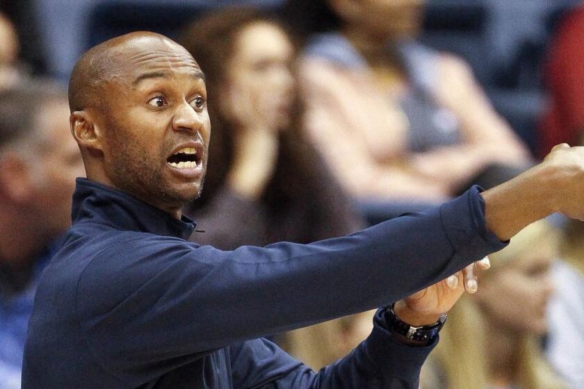 SAN DIEGO, November 1, 2017 | USD head coach Lamont Smith calls out to his players during the second half against Arizona State at the Jenny Craig Pavilion in San Diego on Wednesday. | Photo by Hayne Palmour IV/San Diego Union-Tribune/Mandatory Credit: HAYNE PALMOUR IV/SAN DIEGO UNION-TRIBUNE/ZUMA PRESS San Diego Union-Tribune Photo by Hayne Palmour IV copyright 2017