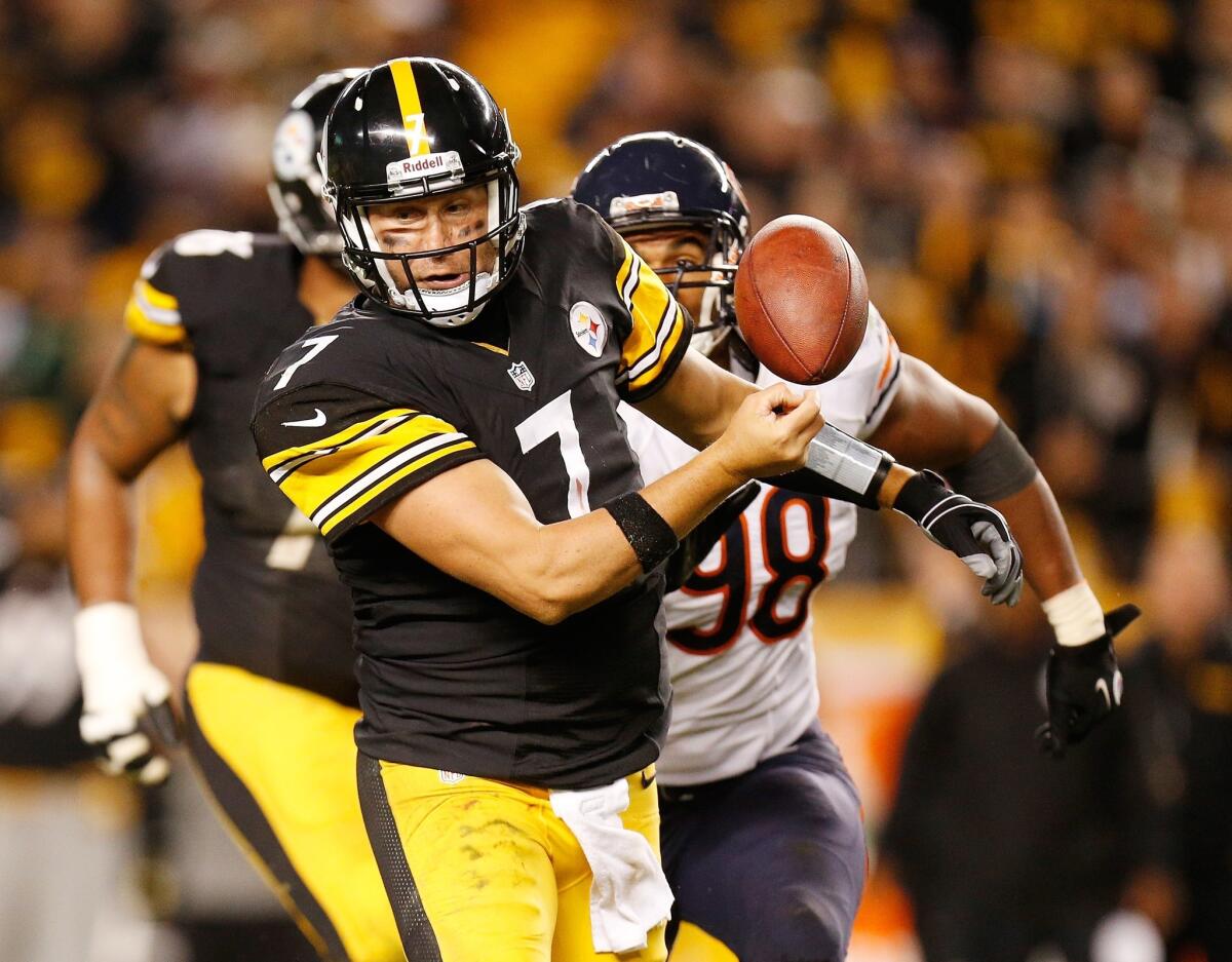 Pittsburgh Steelers quarterback Ben Roethlisberger fumbles the ball while scrambling during the Chicago Bears' 40-23 win on Sunday night.