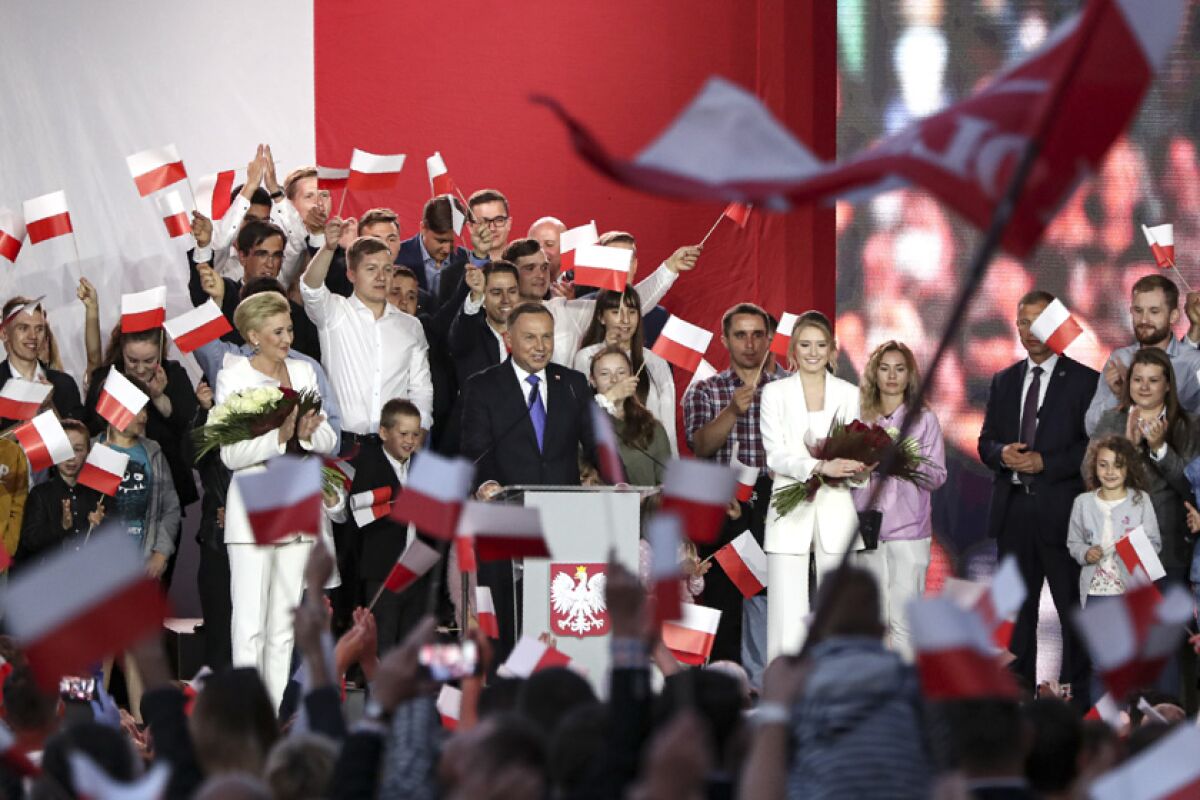 Incumbent President Andrzej Duda addresses supporters in Pultusk, Poland, on Sunday.
