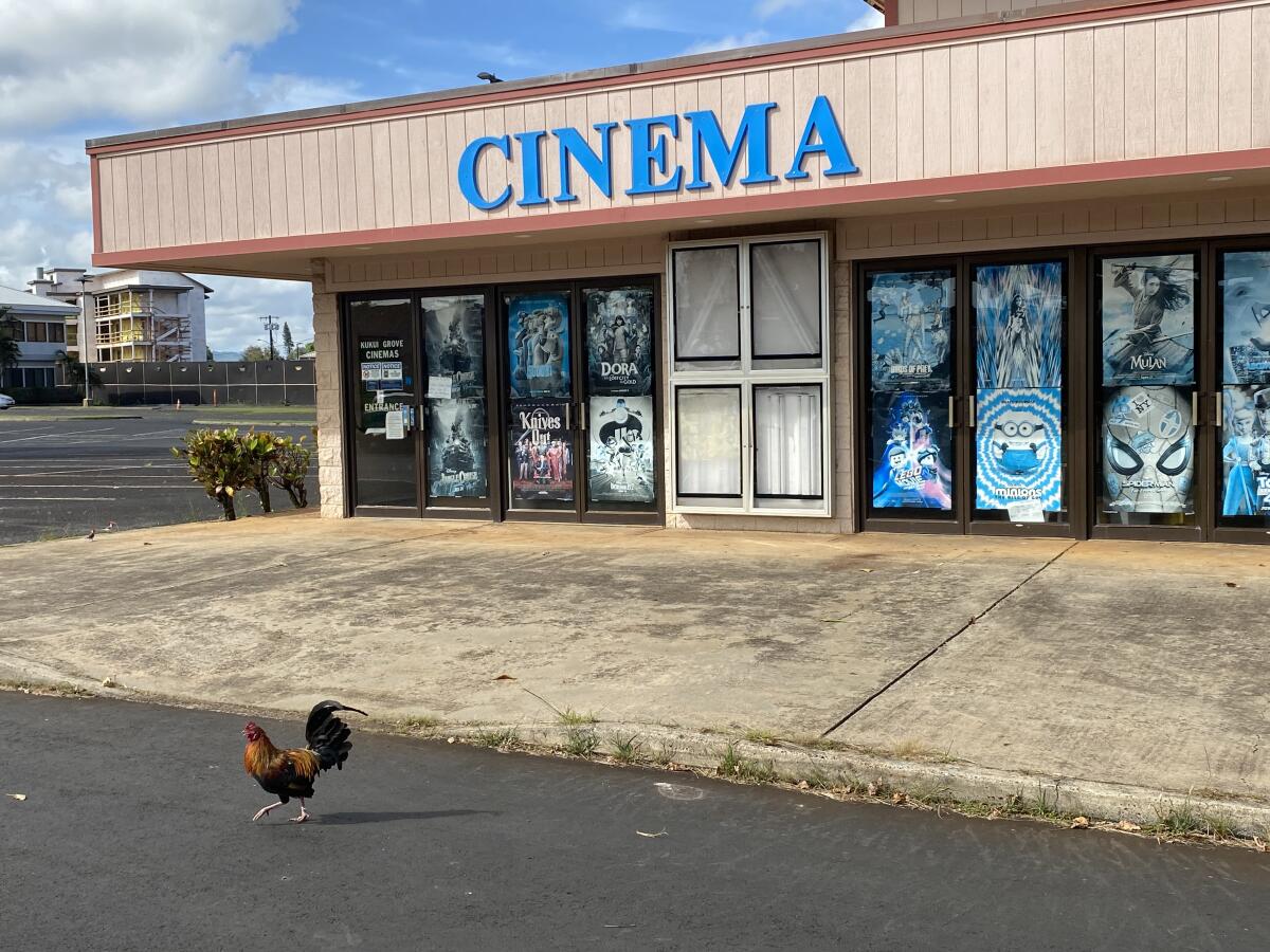 A building with the sign "Cinema" amid a deserted parking lot.