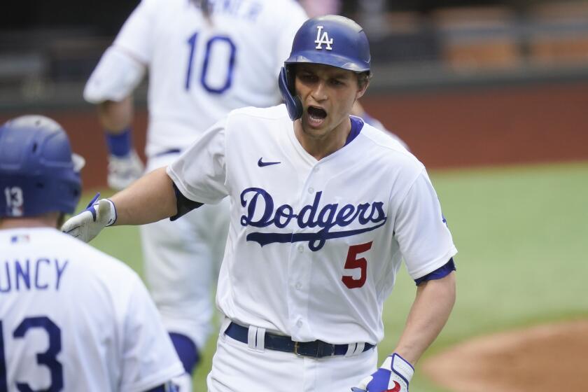 Los Angeles Dodgers' Corey Seager celebrates his home run against the Atlanta Braves.