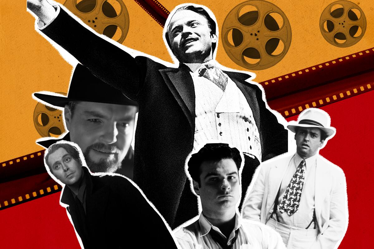 The many faces of actors playing Orson Welles, including Tom Burke in “Mank.”