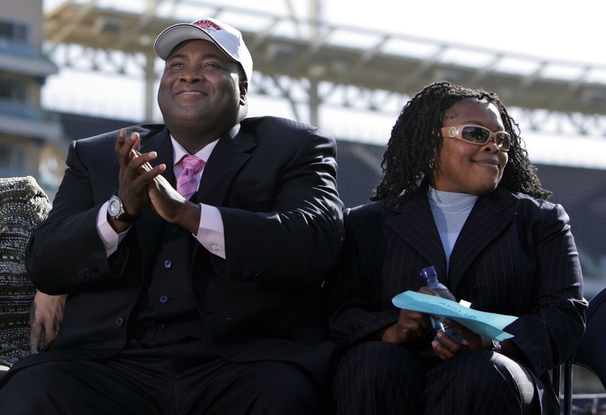 Tony Gwynn was voted into the Major League Baseball Hall of Fame in 2007. He is shown here with his wife Alicia Gwynn at a news conference at Petco Park.