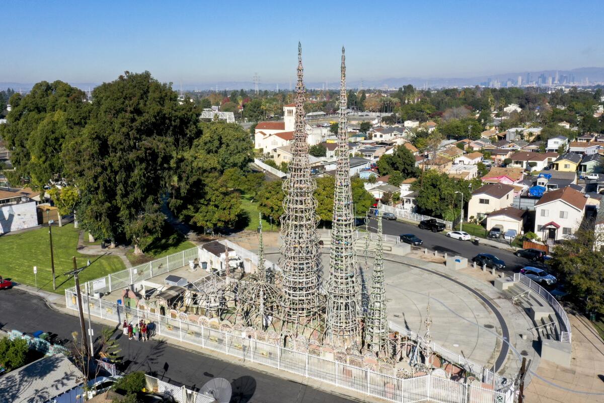 Los Angeles, California-Dec. 17, 2021-For the 100-year anniversary of Watts Towers, in Los Angeles, California, a look at the towers as they are today. Photograph taken on Dec. 17, 2021. (Carolyn Cole / Los Angeles Times)