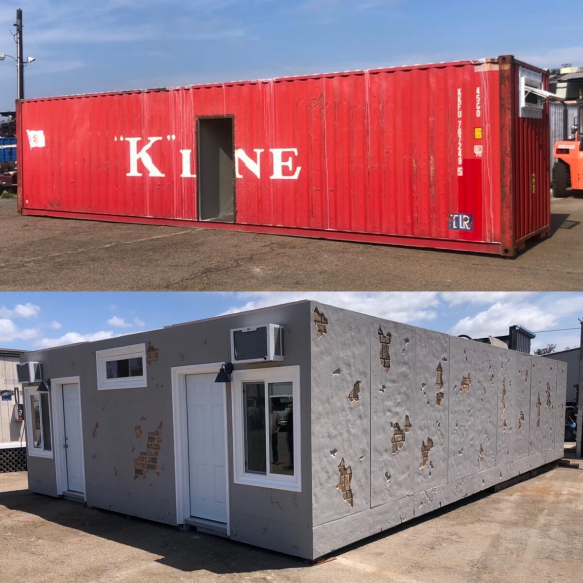Before-and-after photos of a shipping container fully converted into a portable home.