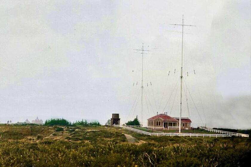 The Navy wireless telegraph station in Point Loma is pictured in late 1906. Lomaland is visible to the left.