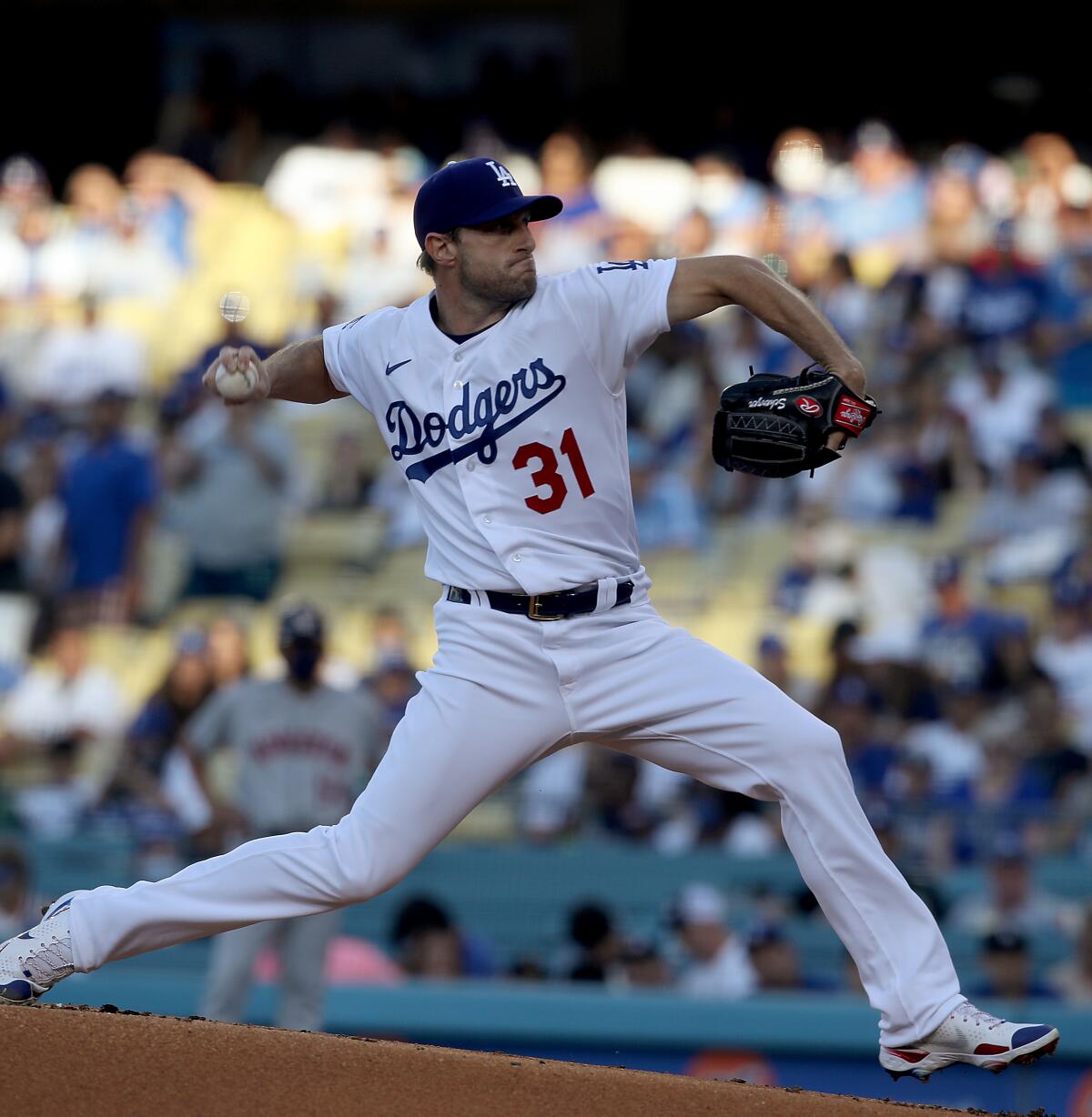 Dodgers pitcher Matt Scherzer delivers a pitch against the Houston Astros.