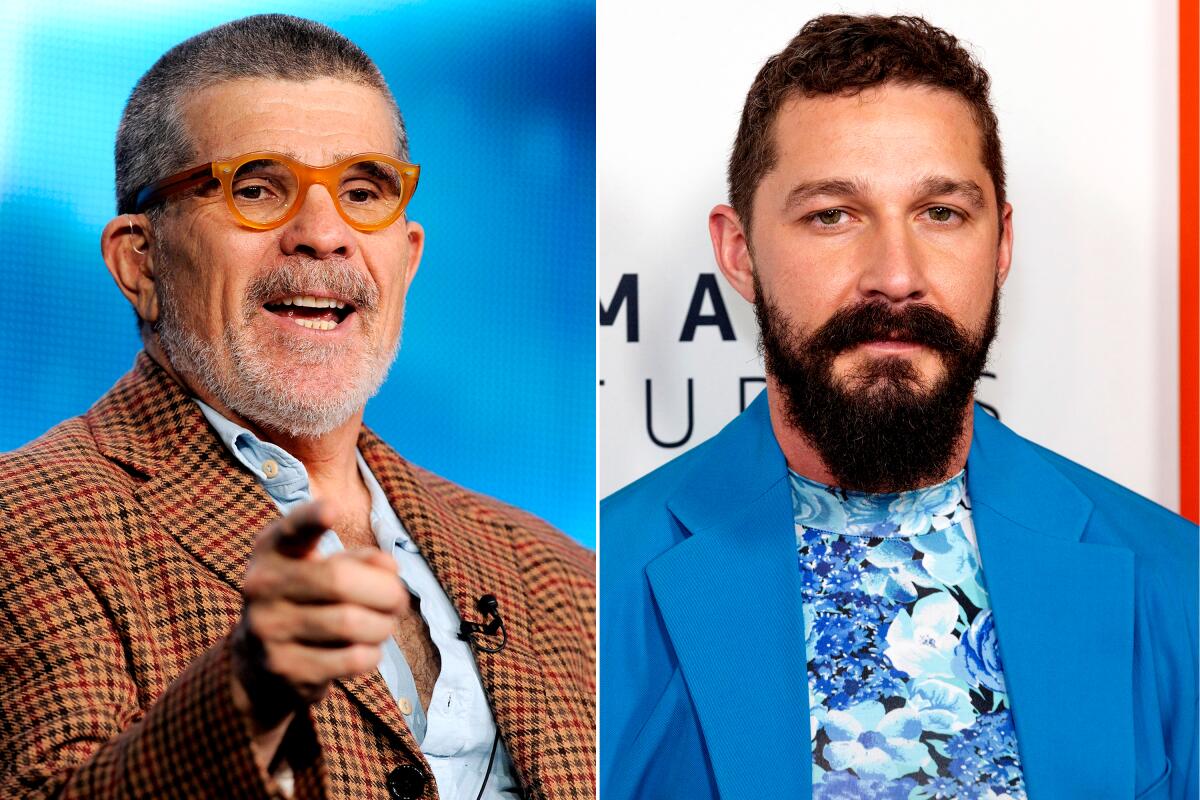 Side-by-side portraits of David Mamet and Shia LaBeouf