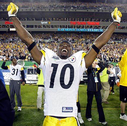 Pittsburgh Steelers wide receiver Santonio Holmes celebrates following Pittsburgh's 27-23 victory over the Arizona Cardinals in Super Bowl XLIII. Holmes, who had nine receptions for 131 yards and the winning touchdown, was selected most valuable player of the game.