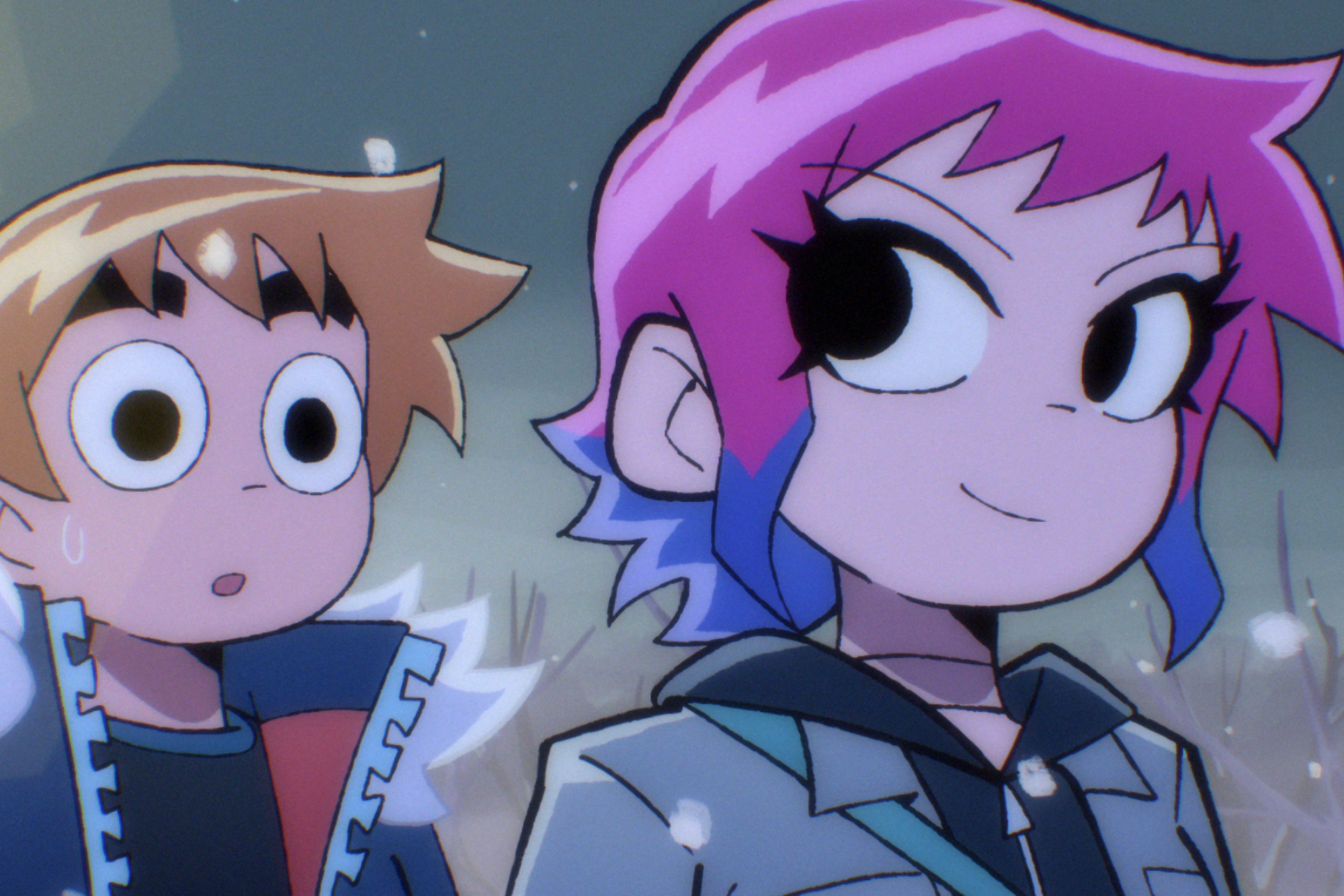 Illustrations of Scott Pilgrim and Ramona Flowers in cold weather.