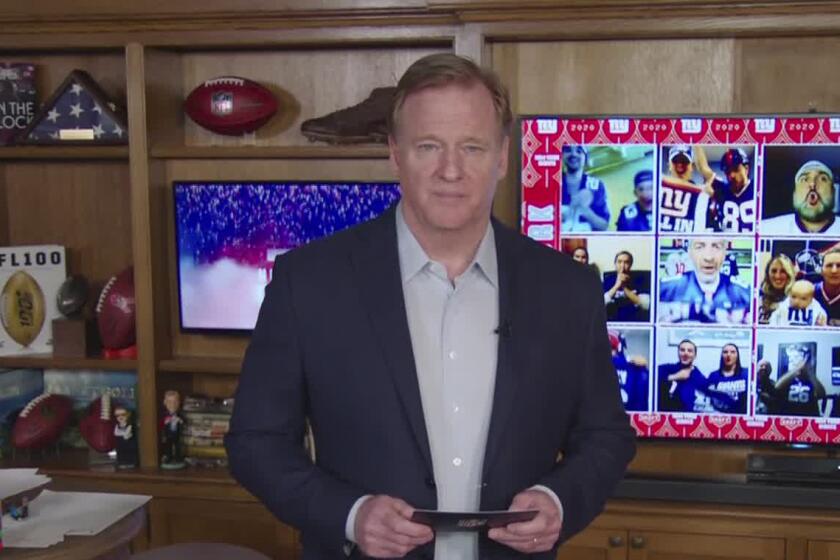 In this still image from video provided by the NFL, Roger Goodell speaks from his home in Bronxville, N.Y., during the NFL football draft Thursday, April 23, 2020. (NFL via AP)