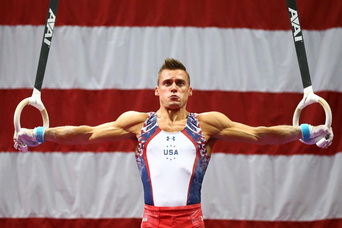 Sam Mikulak competes on the rings during day two of the 2016 Men's Gymnastics Olympic Trials at Chafitz Arena on June 25.