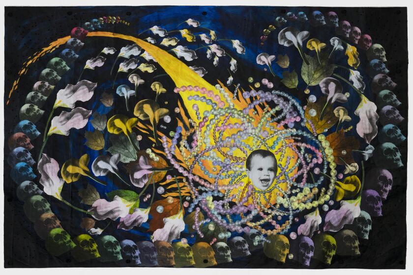A collaged canvas features a cosmic pattern of strands that evoke DNA with a baby's face at the center