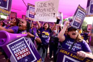 LOS ANGELES, CA - SEPTEMBER 24, 2024 - Brianna Camacho, 20, center, joined hundreds of Los Angeles County SEIU 721 members who rally to announce overwhelming support for an Unfair Labor Practice (ULP) strike authorization vote in front of the Kenneth Hahn Hall of Administration in downtown Los Angeles on September 24, 2024. Dozens of SEIU 721 county workers shut down a Board of Supervisors meeting for several minutes inside the Hall of Administration. "We have had it with LA County's attempts at union busting and we are ready to strike," said SEIU 721 President David Green, a Children's Social Worker with the LA County Dept. of Children & Family Services for more than two decades. Though segments of LA County's workforce have come close to striking - most recently inMay of 2022, when thousands of nurses reached an eleventh hour deal over stronger job protections and better compensation - a full-fledged strike of SEIU 721-represented bargaining units has not taken place in decades. This time, a ULP strike would include almost all of the LA County workforce and impact most services within the County's 4,751 square mile service area. (Genaro Molina/Los Angeles Times)