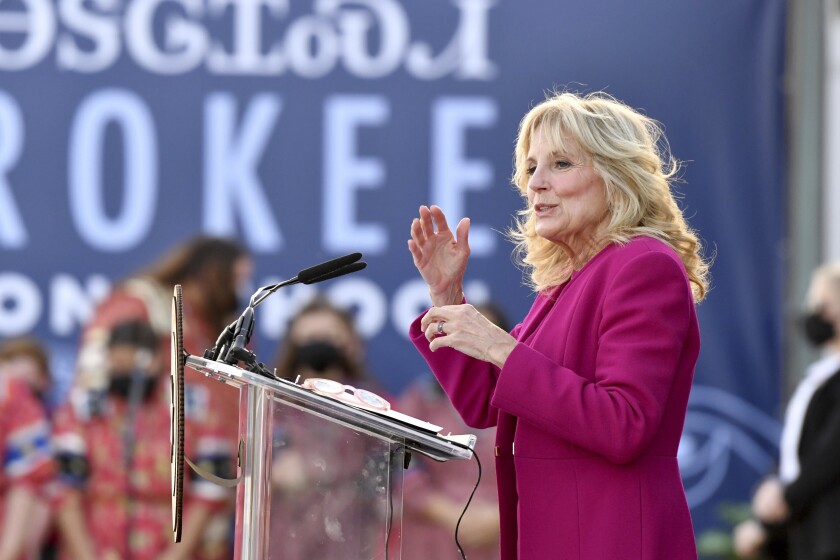 First lady Jill Biden speaks at the Cherokee Immersion School Friday, Dec. 3, 2021, in Tahlequah, Okla. (AP Photo/Michael Woods)