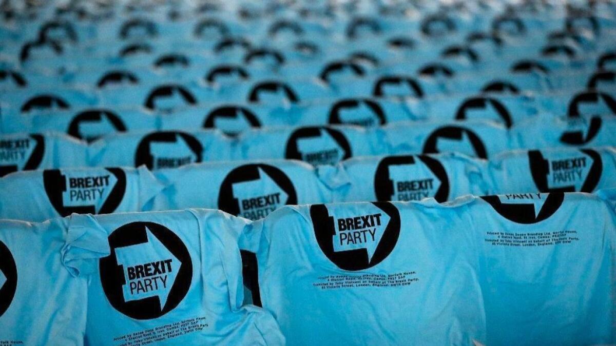 T-shirts are placed on chairs before a Brexit Party rally in London on May 21, 2019. More than 425 million Europeans from 28 countries are to head to the polls this week to choose their representatives at the European Parliament for the next five years.