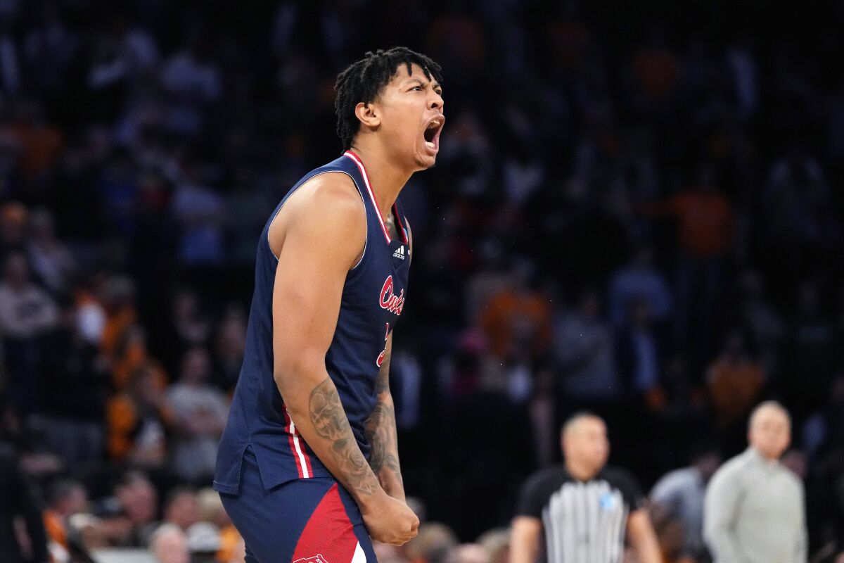 Florida Atlantic forward Giancarlo Rosado reacts after the team defeated Tennessee in a Sweet16 college basketball game in the East Regional of the NCAA tournament at Madison Square Garden, Thursday, March 23, 2023, in New York. (AP Photo/Frank Franklin II)