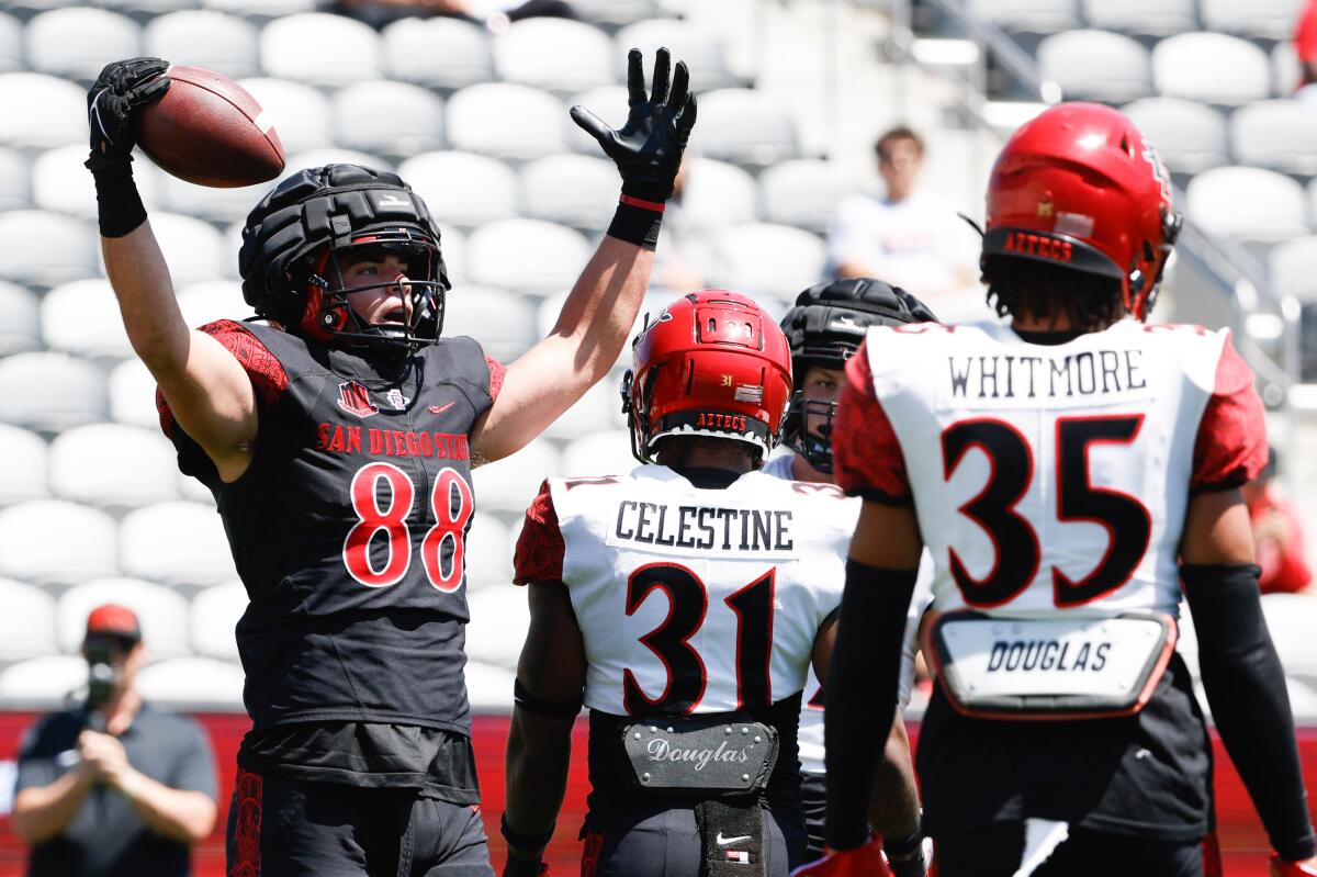 SDSU tight end Gabe Garretson celebrates a touchdown during the annual spring scrimmage at Snapdragon Stadium.