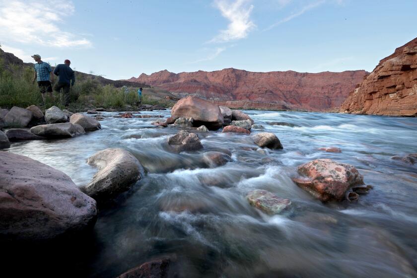 LEE'S FERRY, ARIZONA - MAY 16, 2022. The Colorado River flows over rocks along its banks at Lee's Ferry, a narrow stretch that marks the divide between the river's upper and lower basins, and borders Navajo Nation land. (Luis Sinco / Los Angeles Times)