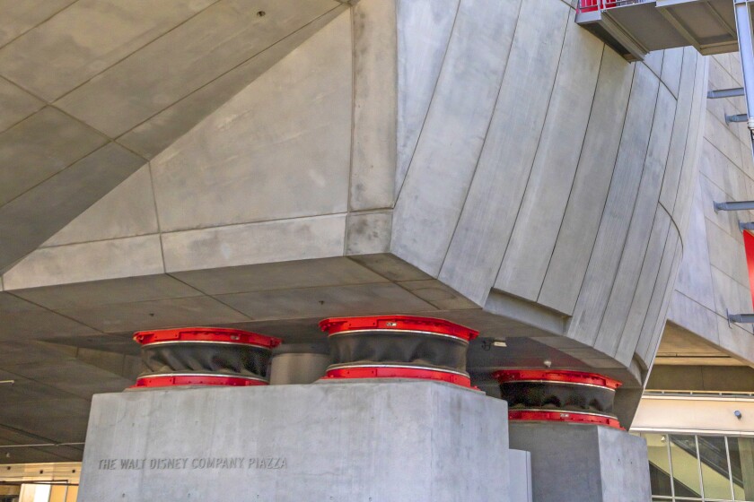 Earthquake safety Base-Isolators supporting the dome at the new Academy Museum of Motion Pictures. 
