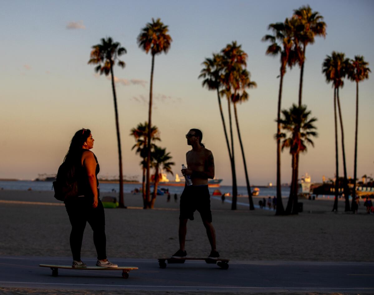 Skateboarders take a sunset cruise at the beach