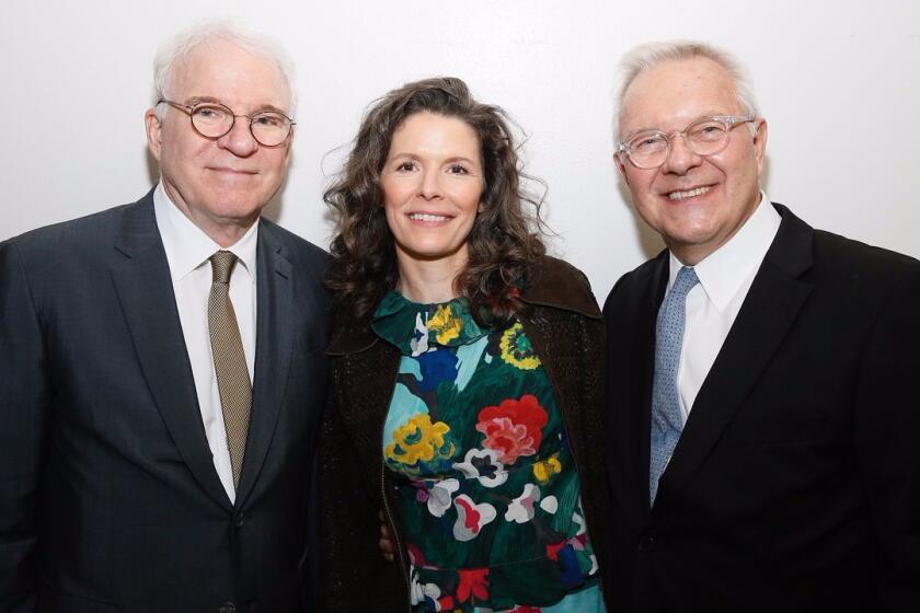 From left, creators Steve Martin and Edie Brickell and director Walter Bobbie backstage after the opening night performance of "Bright Star" at Center Theatre Group/Ahmanson Theatre on Friday, October 20, 2017, in Los Angeles, California. (Photo by Ryan Miller/Capture Imaging)