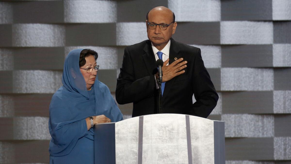 Khizr Khan and his wife, Ghazala, at the Democratic National Convention. They are the parents of U.S. Army Capt. Humayun Khan, who was killed while serving in Iraq.