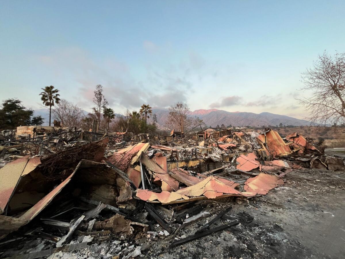 The rubble of a burned building.