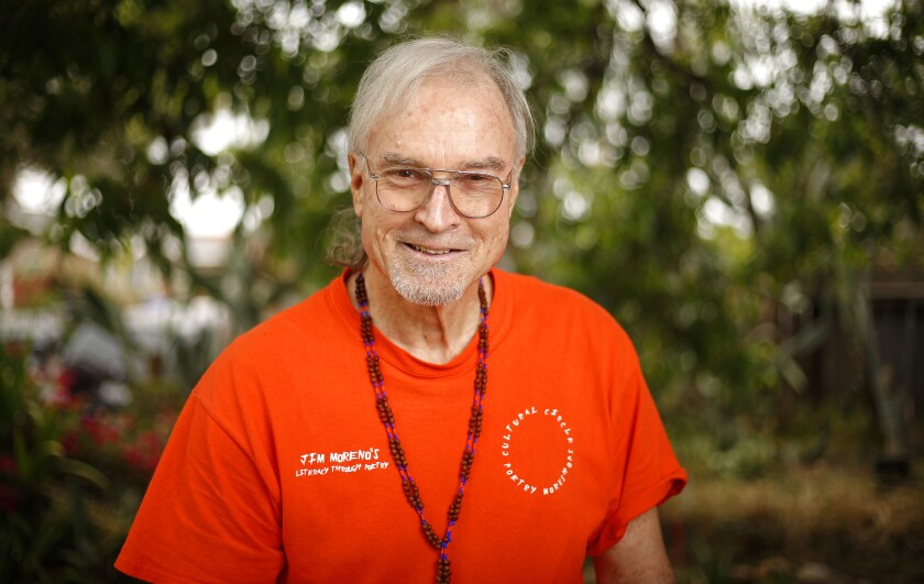 Jim Hornsby Moreno teaches poetry workshops for kids and adults and was the poet-in-residence for the Juvenile Court and Community Schools for many years. He is shown here at his City Heights home in San Diego on June 20, 2019.
