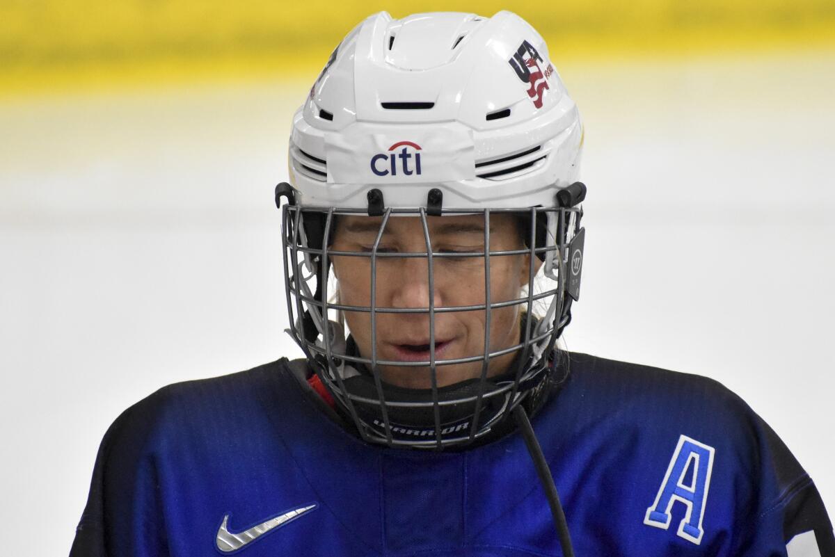 In this photo taken Sunday, Aug. 28, 2022, Sarah Bettencourt plays in a game with the U.S. women's national team in sled hockey in Green Bay, Wis. (International Paralympic Committee via AP)
