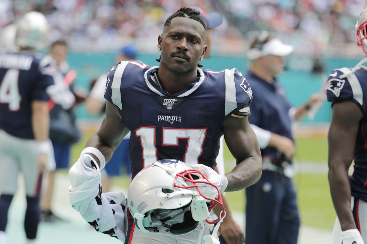 FILE - In this Sunday, Sept. 15, 2019, file photo, New England Patriots wide receiver Antonio Brown.