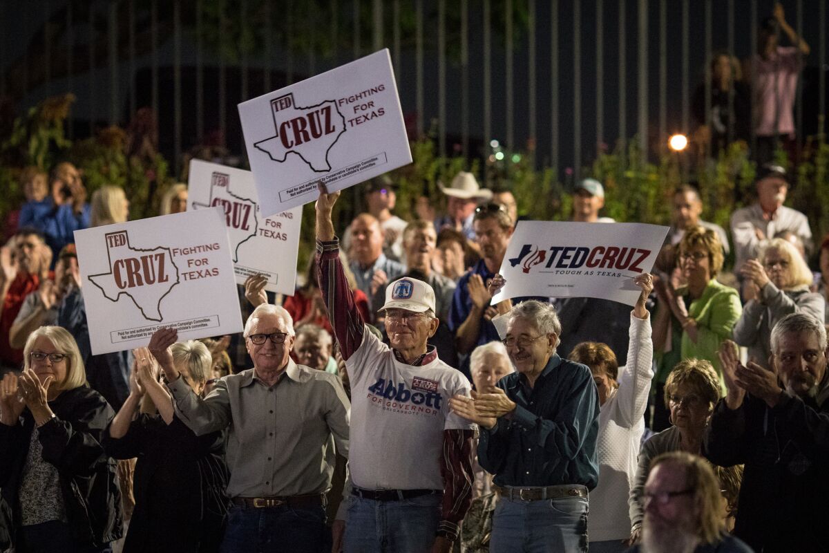 Supporters cheer Sen. Ted Cruz (R-Texas) during a recent campaign rally in Amarillo, Texas.
