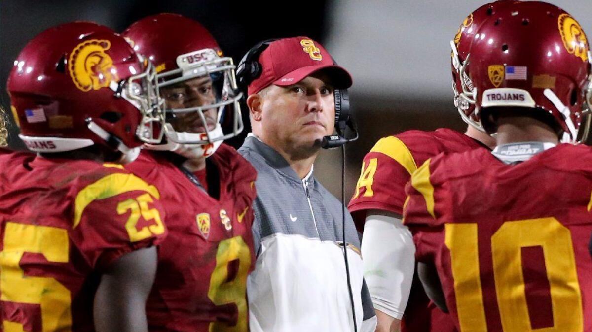 USC Coach Clay Helton looks on from the sideline during a game against California on Oct. 27.