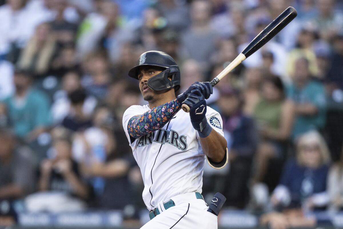 Seattle Mariners' Julio Rodriguez bats against the Chicago White Sox on Sept. 6, 2022, in Seattle.